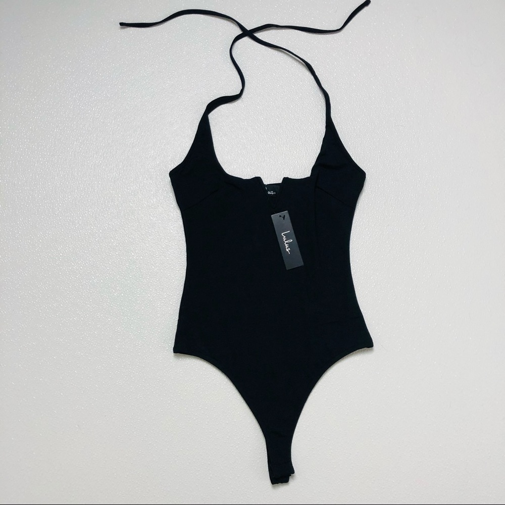 Lulus Ready or Notch Black Halter Bodysuit plunge Neckline stretchy knit body XS - Picture 4 of 11